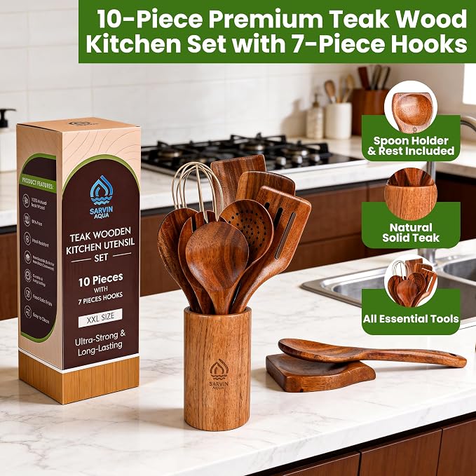 Teak Wooden Utensil Set 10 Piece, Kitchen Cooking Utensils - Image 3
