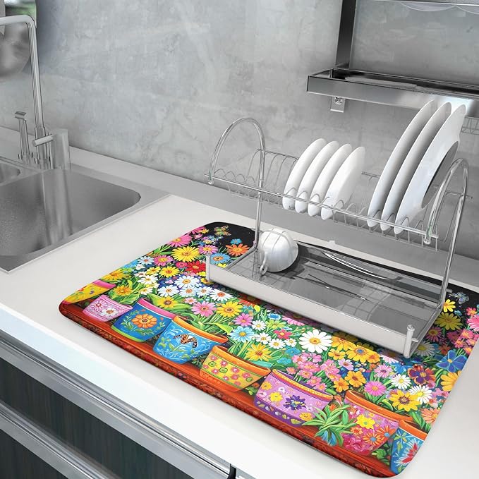 Vintage Flowers Dish Drying Mats Spring Floral Drying Matt Kitchen Counter 18x24 - Image 5