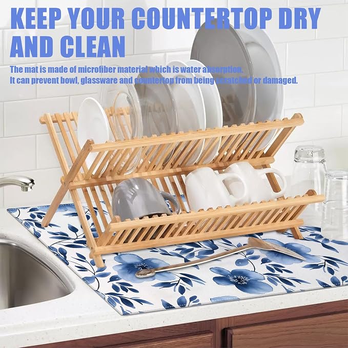 Blue Floral Dish Drying Mat for Kitchen Counter Flower Leaves Drying Pad - Image 5