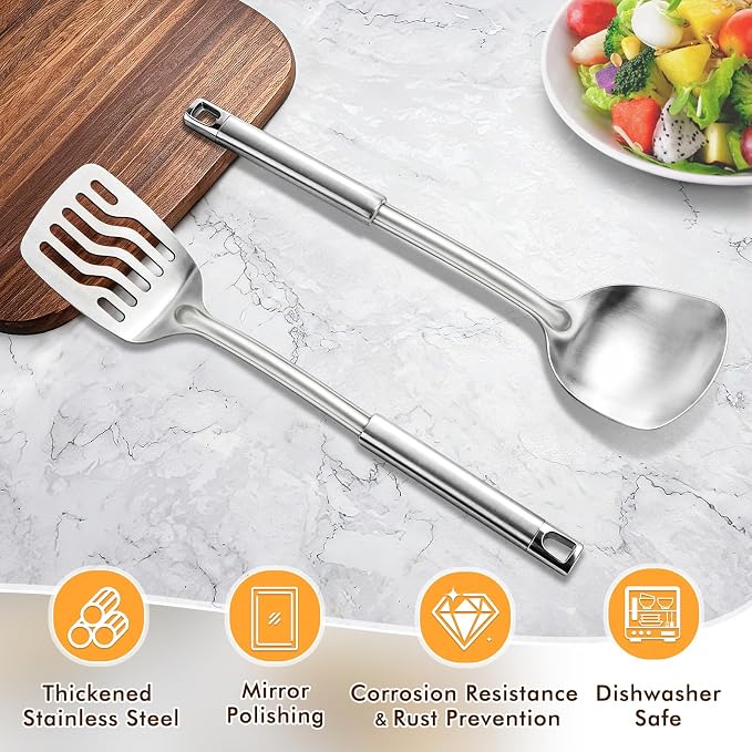 2 Pcs Stainless Steel Spatulas Set, Metal Spatula Solid & Slotted Turner - Image 2