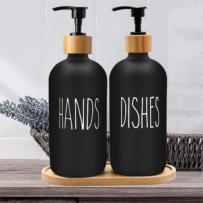 Sunrise Premium 16 OZ Thick Black Glass Soap Dispenser, Bamboo Pump - Image 6