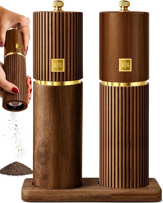 Wooden Salt and Pepper Grinder Set – Refillable Manual Salt and Pepper Mills by STYLEDSETTINGS