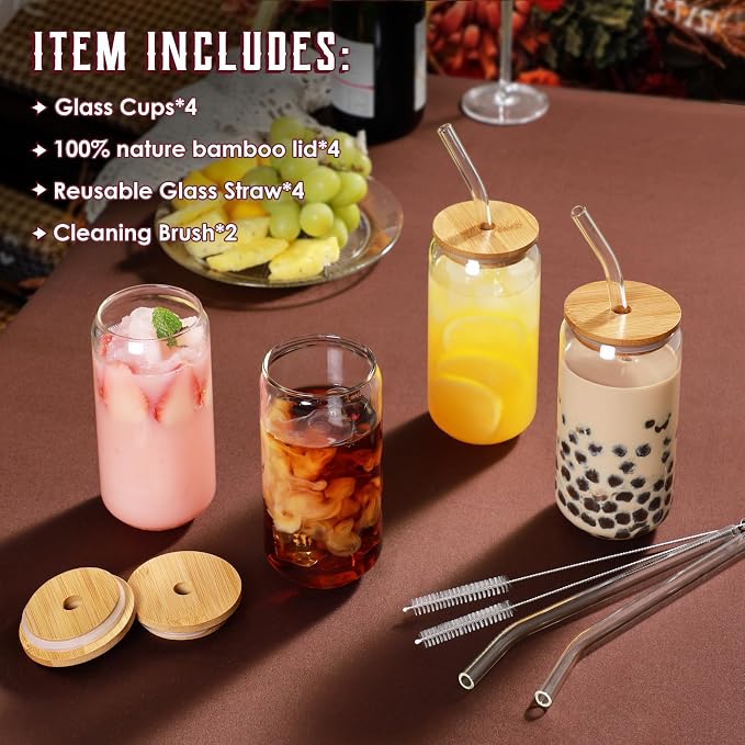 Drinking Glasses with Bamboo Lids and Glass Straw 4pcs Set - 16oz Glass Cups - Image 2