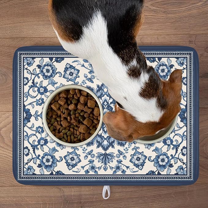Blue Floral Dish Drying Mat for Kitchen Counter Vintage Flower Pattern - Image 6