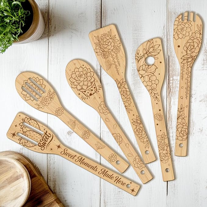 CUTHOLLOW 6PCS Succulents Potted Wooden Kitchen Cooking Utensil Set, 11.9in Non by CUTHOLLOW