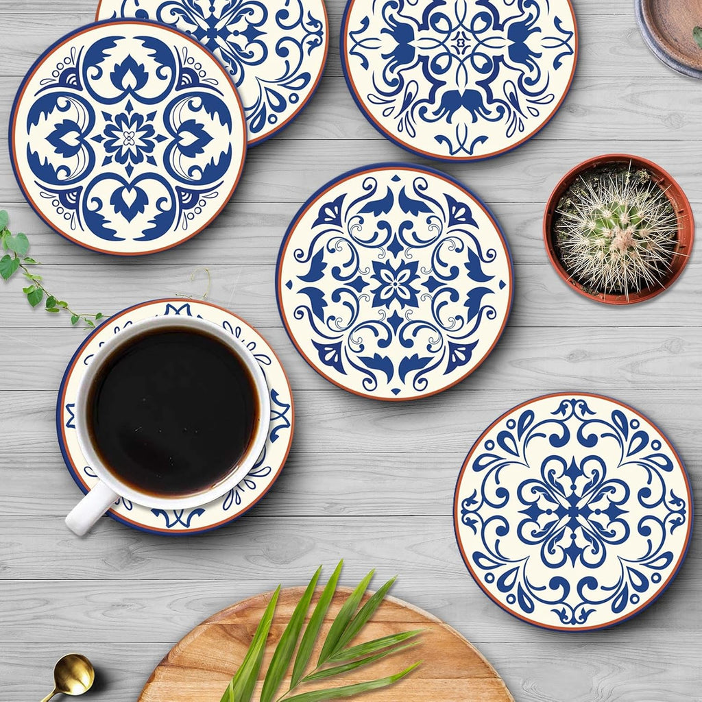 Coasters for Drinks, Set of 6, Ceramic Stone Vintage Blue