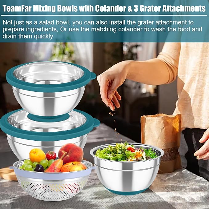 TeamFar Mixing Bowls with Colander Set, Stainless Steel Strainer and Nesting - Image 6