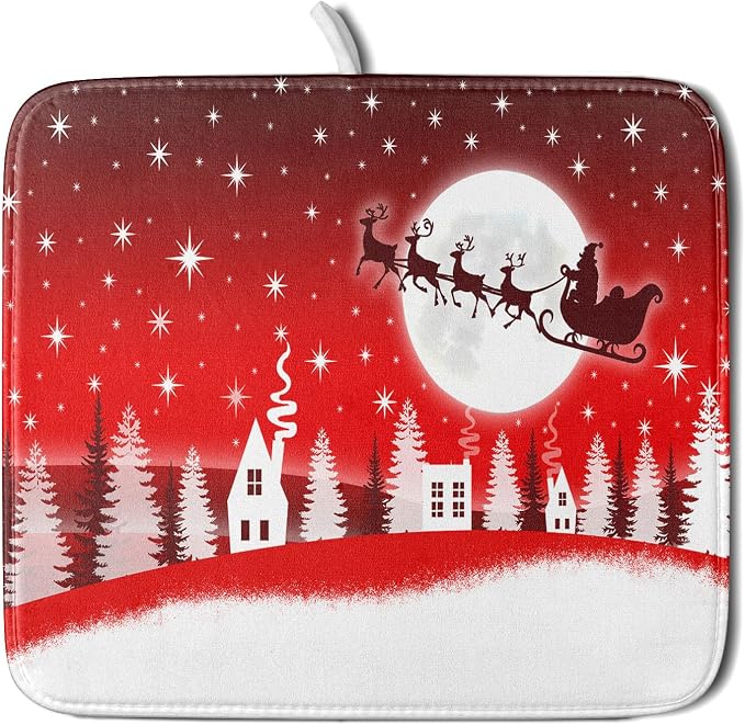 Christmas Reindeer Moon Star Red Dish Drying Mat by Anyako