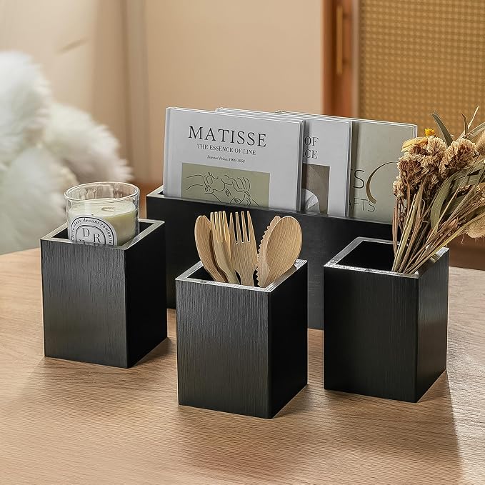 PTSTING Silverware Caddy Black Wood Silverware Holder Paper Plate Dispenser - Image 6