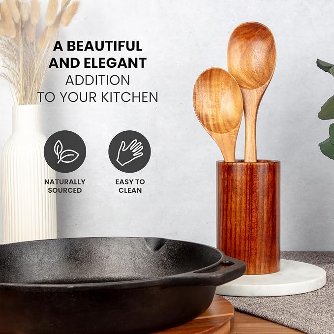 Zulay Kitchen Teak Wood Utensil Set – 2 Piece Large and Small Wooden Cooking - Image 5