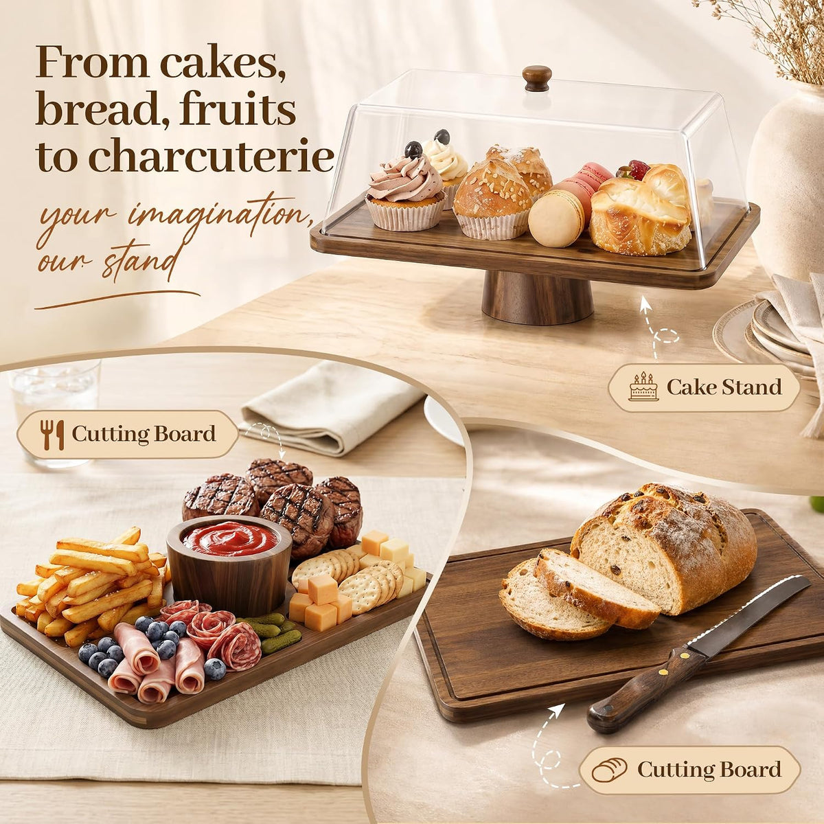 Acacia Wood Cake Stand with Shatterproof Lid, 14" 2-in-1 Rectangle