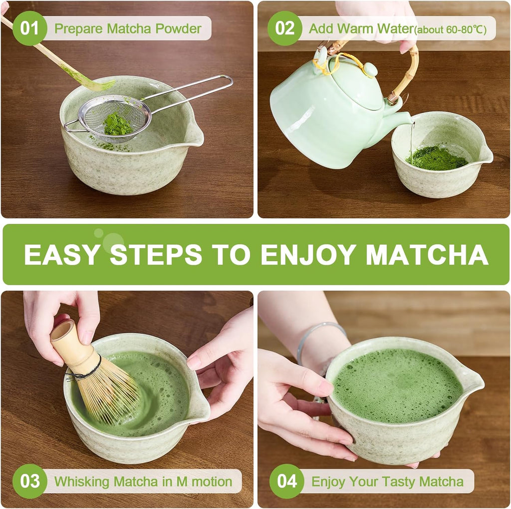5Pcs Matcha Whisk Set - Matcha Bowl with Spout, 100% Bamboo Whisk