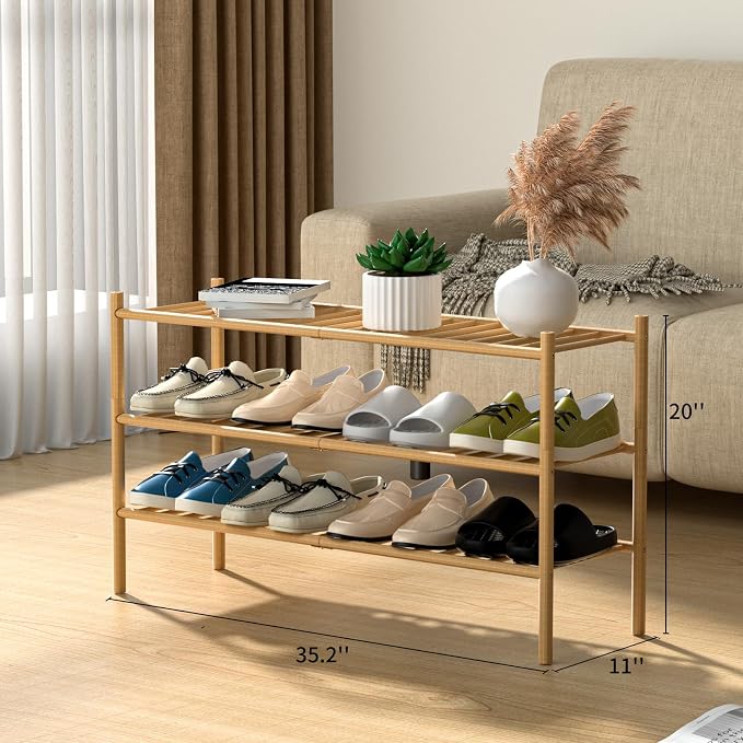 ROMGUAR CRAFT 3-Tier Bamboo Long Shoe Rack, Free Standing Wood Shoe Shelf - Image 3