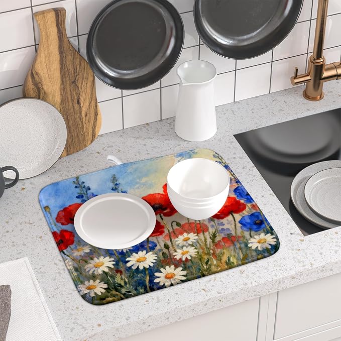 4th of July Dish Drying Mat for Kitchen Counter 16x18 Patriotic Floral - Image 2