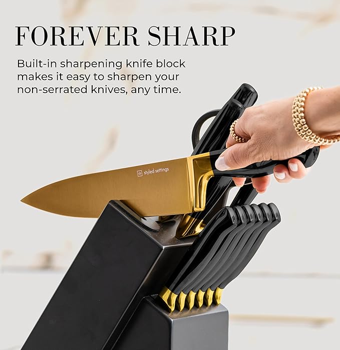 Black and Gold Knife Set with Block and Sharpener – 14-Piece Full Tang Golden - Image 3