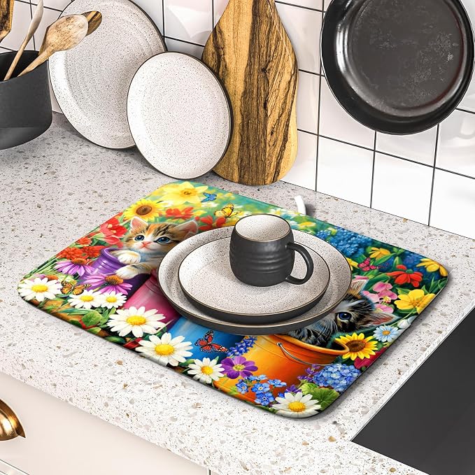 Funny Absorbent Dish Drying Mat Spring Cat Dish Drying Mats - Image 5
