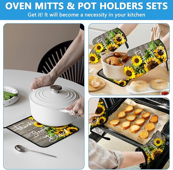 Sunflower Wood Grain Oven Mitts and Pot Holders Sets Heat Resistant 4Pcs - Image 6