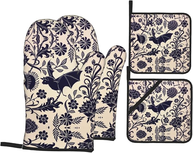 Bats and Flower Oven Mitts and Pot Holders Sets of 4, Resistant Hot Pads by Nelife