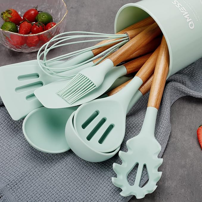 QMVESS Silicone Kitchen Utensils Set, Sturdy Insulation Wooden Handle Kitchen - Image 8