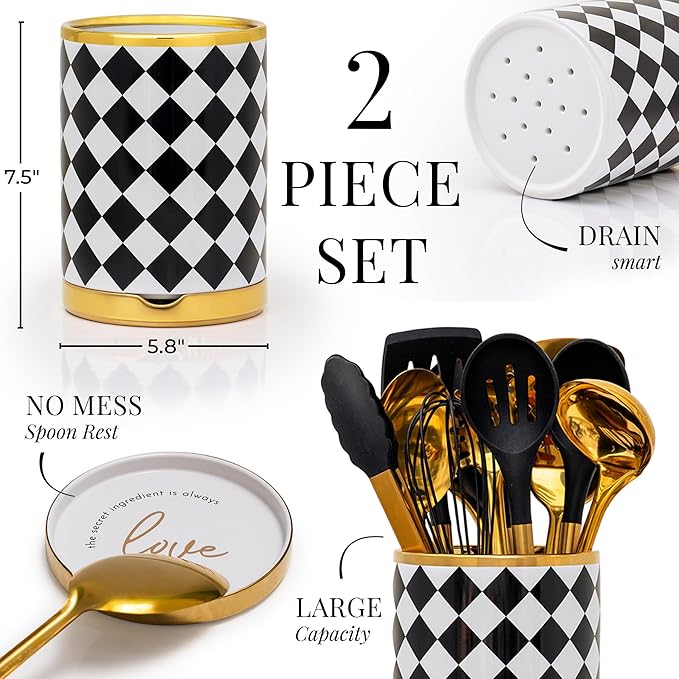STYLED SETTINGS Black & White Checkered Utensil Holder Set – Large Ceramic - Image 7