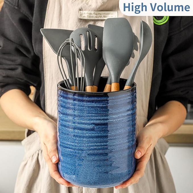 HASENSE Ceramic Utensil Holder Set of 2, Modern Farmhouse Kitchen Utensil Crocks - Image 5