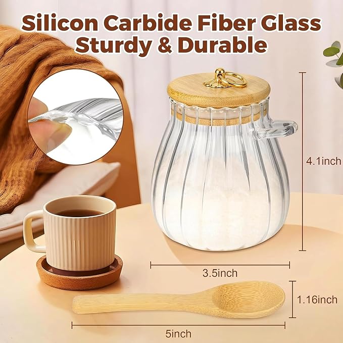 holoith Sugar Container with Bamboo Lid and Spoon, 15 oz Sugar Bowl Glass Jar - Image 3