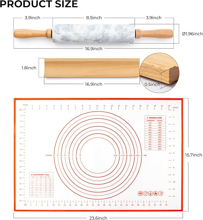 Marble Rolling Pin with Non-Stick Silicone Mat & Wood Base, 16.9-Inch Heavy - Image 3