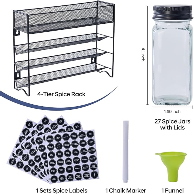 Spice Rack Organizer with 27 Spice Jars with Black Lids, Spice Labels, - Image 2