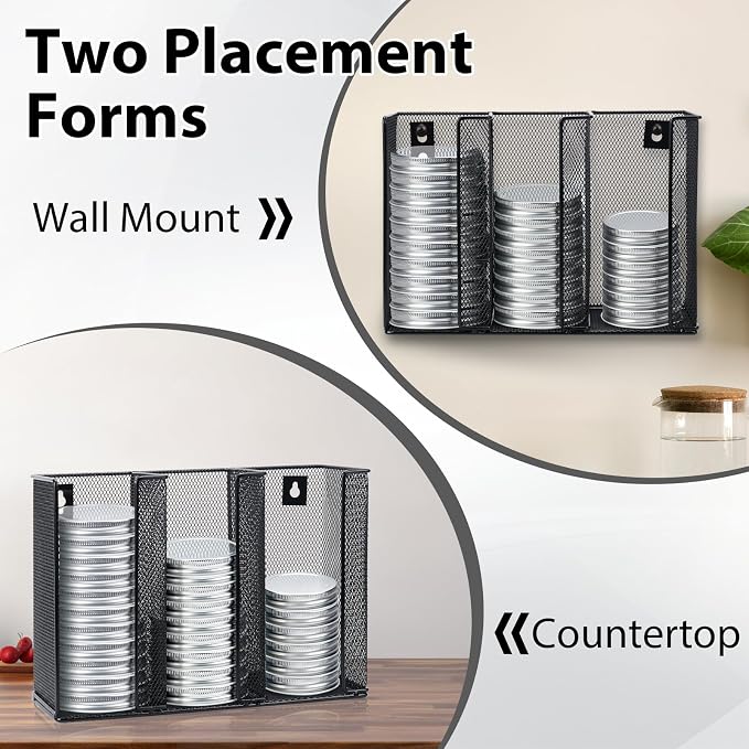 Wall Mounted Mason Jar Lid Organizer Metal Mason Jar Lid Holder 3-Compartment - Image 7