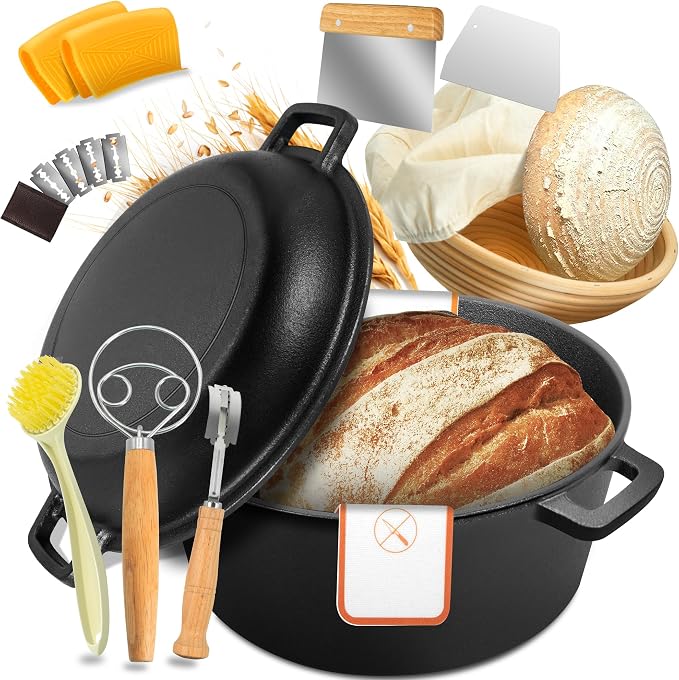 Cast Iron Dutch Oven for Bread Baking, 5 QT Pre-Seasoned Pot by Huolewa