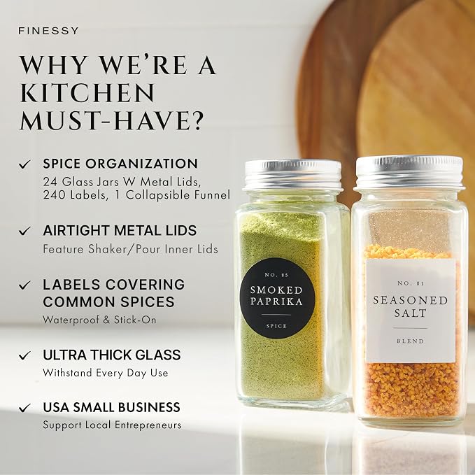 FINESSY Glass Spice Jars with Labels with Metal Lids and Shakers 24 Pack Set - Image 2