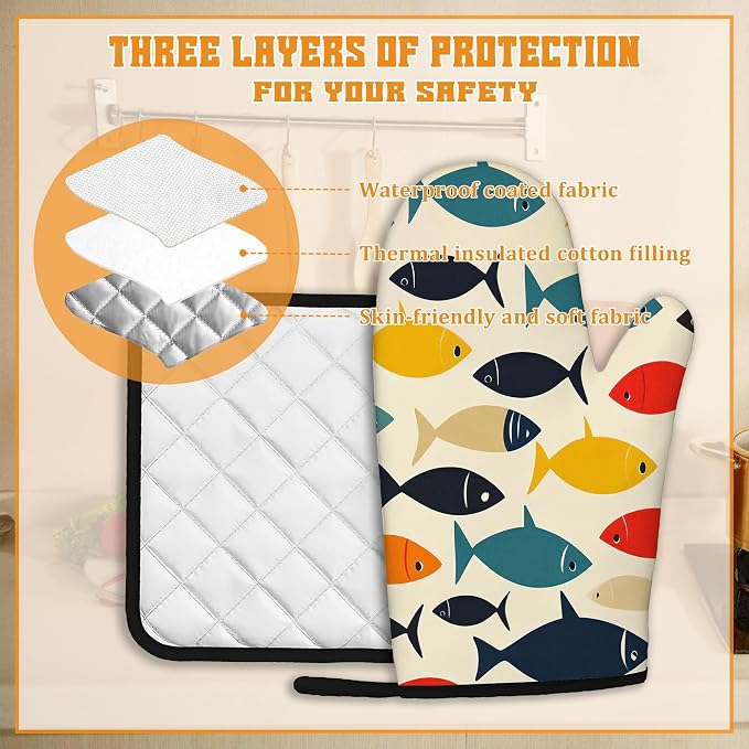 Cute Fish Oven Mitts and Pot Holders Set, Boho Kitchen Decor Heat Resistant Non - Image 3