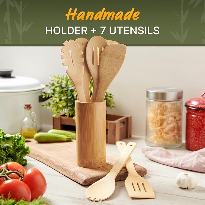 Bamboo Utensils 7 PCs with Holder – Bamboo Cooking Utensils Set + Holder - Image 2