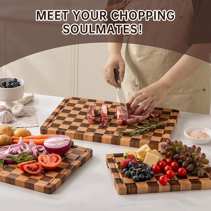 Checkered Cutting Boards for Kitchen, Wooden Cutting Board Set, Acacia Chopping - Image 4