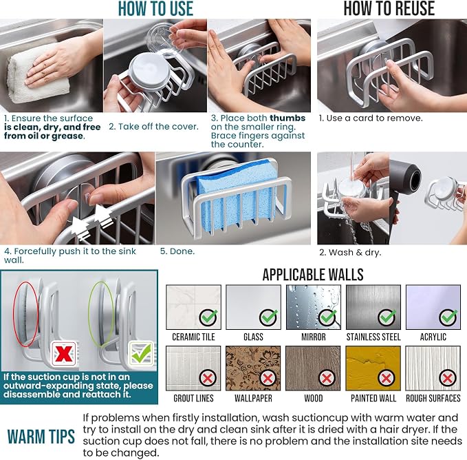 TAILI Sink Caddy with Strong Suction Cup, Sponge Holder - Image 7