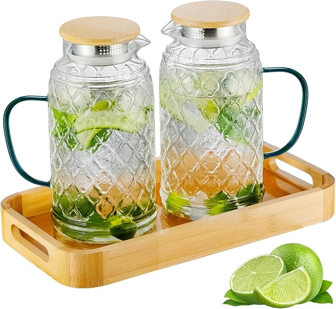 Buaic Glass Pitcher with Lid, 2 PACK 68 oz/2 Liter Vintage Water Pitcher With by Buaic