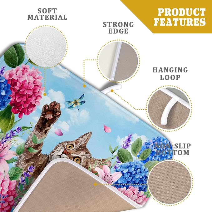 Hydrangea Floral Dish Drying Mat Cute Cat Microfiber Absorbent Dish Drying Pad - Image 4