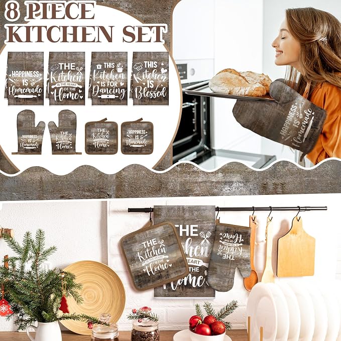 Leinuosen 8 Pcs Kitchen Towels and Oven Mitts Sets Pot Holders Dishcloths Set - Image 2