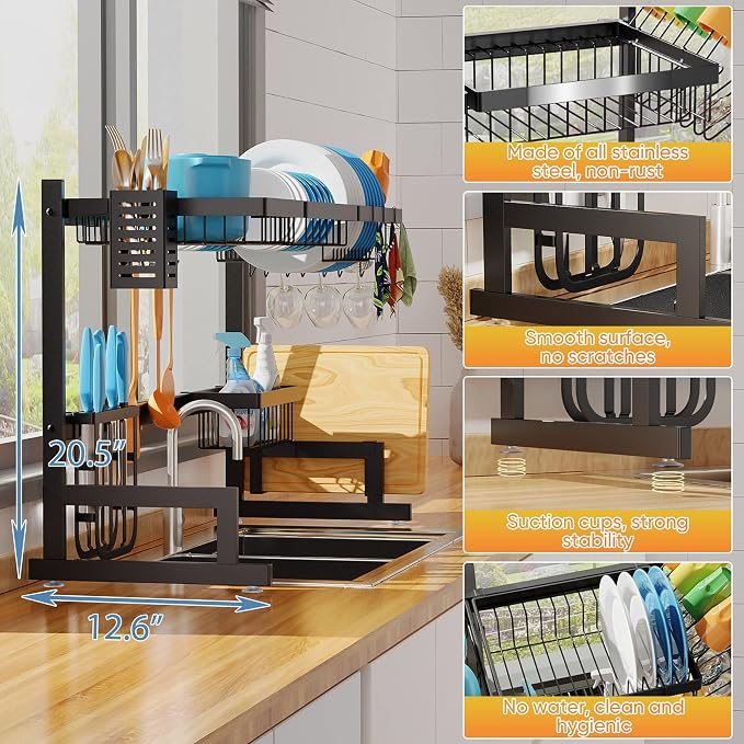 PUSDON Over the Sink Dish Drying Rack, 2 Tier Adjustable Large Capacity - Image 3