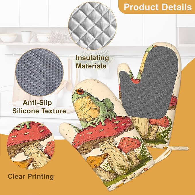Green Frog Oven Mitts and Pot Holders Sets, Silicone Mushroom Kitchen Mitts - Image 3