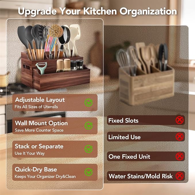 Wooden Kitchen Utensil Holder for Countertop, Large Utensil Organizer - Image 8