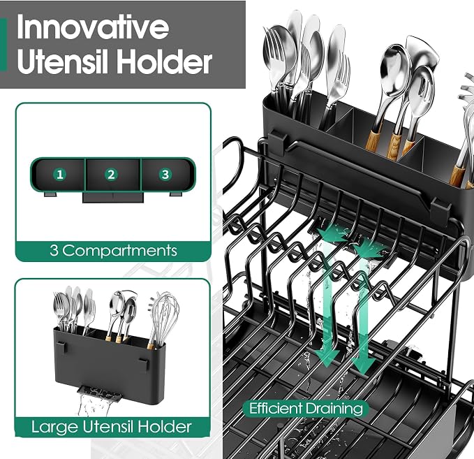 Urackify Dish Drying Rack for Kitchen Counter, Expandable 2 Tier Dish Rack - Image 6