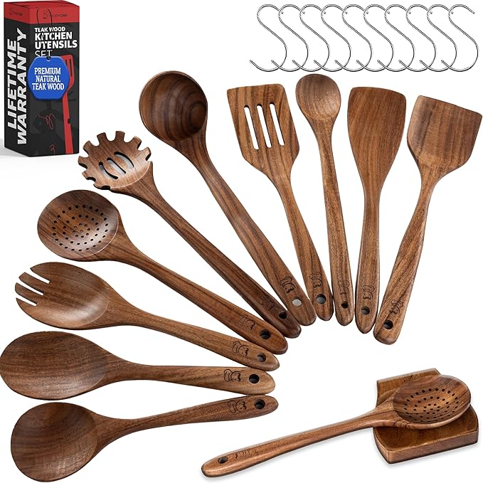 PriorityChef Wooden Spoons for Cooking, Premium 10pc Teak Wood Utensil Set by PriorityChef