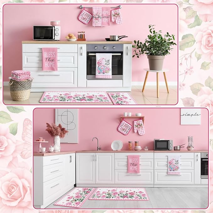 Fourluoo 10 Pcs Pink Rose Kitchen Decor Set Towels and Rugs Oven Mitts and Pot - Image 7