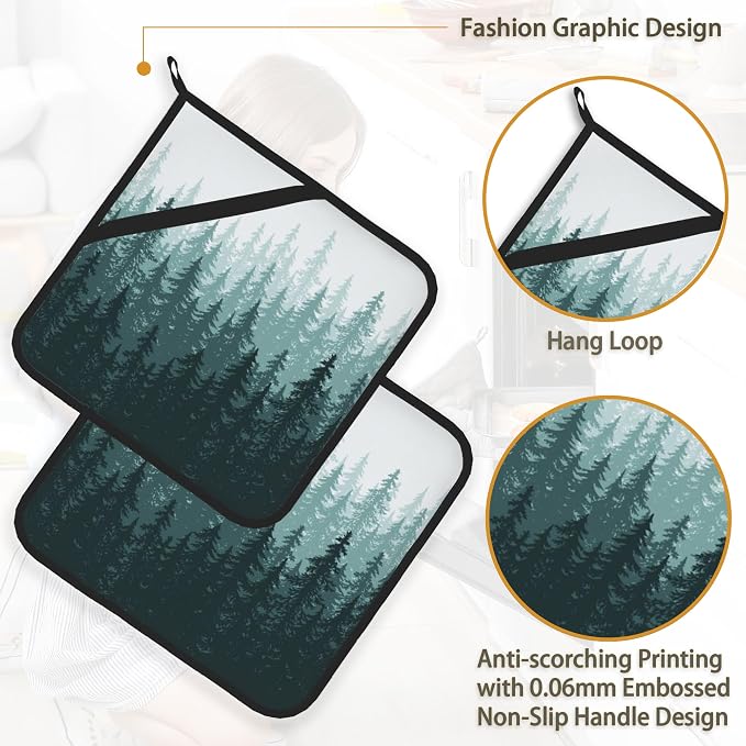 Misty Forest Landscape Pot Holder Set of 2, Heat Resistant Potholders Oven Hot - Image 4