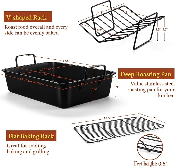 E-far Roasting Pan with Racks, Large Stainless Steel Turkey Roaster with - Image 2