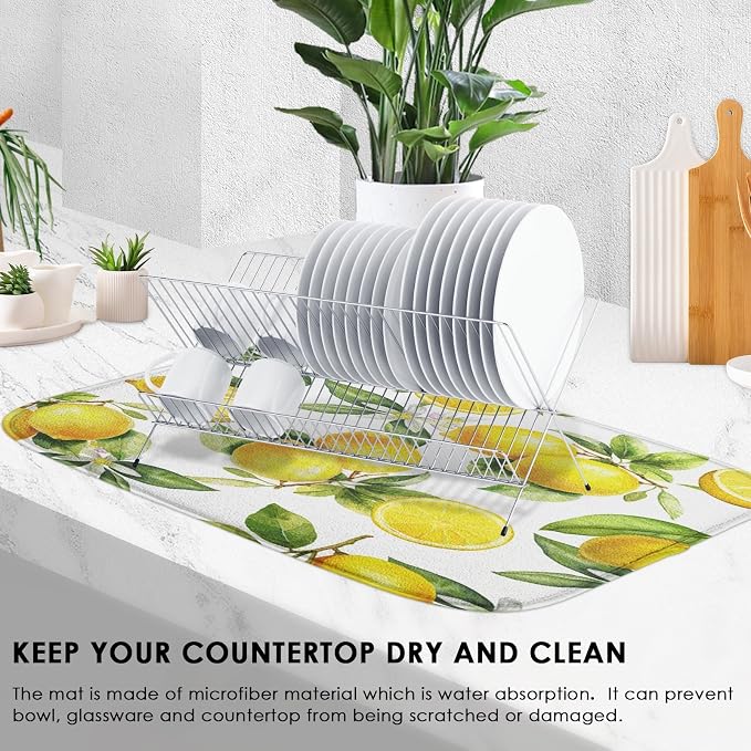Sanwarm Absorbent Dish Drying Mat, Floral Lemon Fruits Vintage Microfiber Pad - Image 4