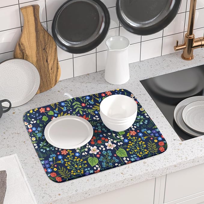 Flower Floral Dish Drying Mat Microfiber Navy Blue Absorbent Drying Pad - Image 6