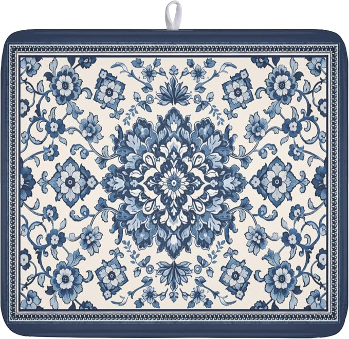 Blue Floral Dish Drying Mat for Kitchen Counter Vintage Flower Pattern by Unknown
