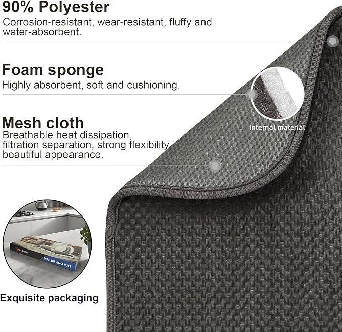Dark Gray Dish Drying Mats 20" x 15", XL Kitchen Drying Mat - Image 4